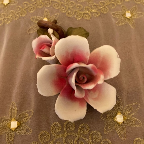 Other - White with Pink Rose with Bud and 5 Leaves on a Stem
